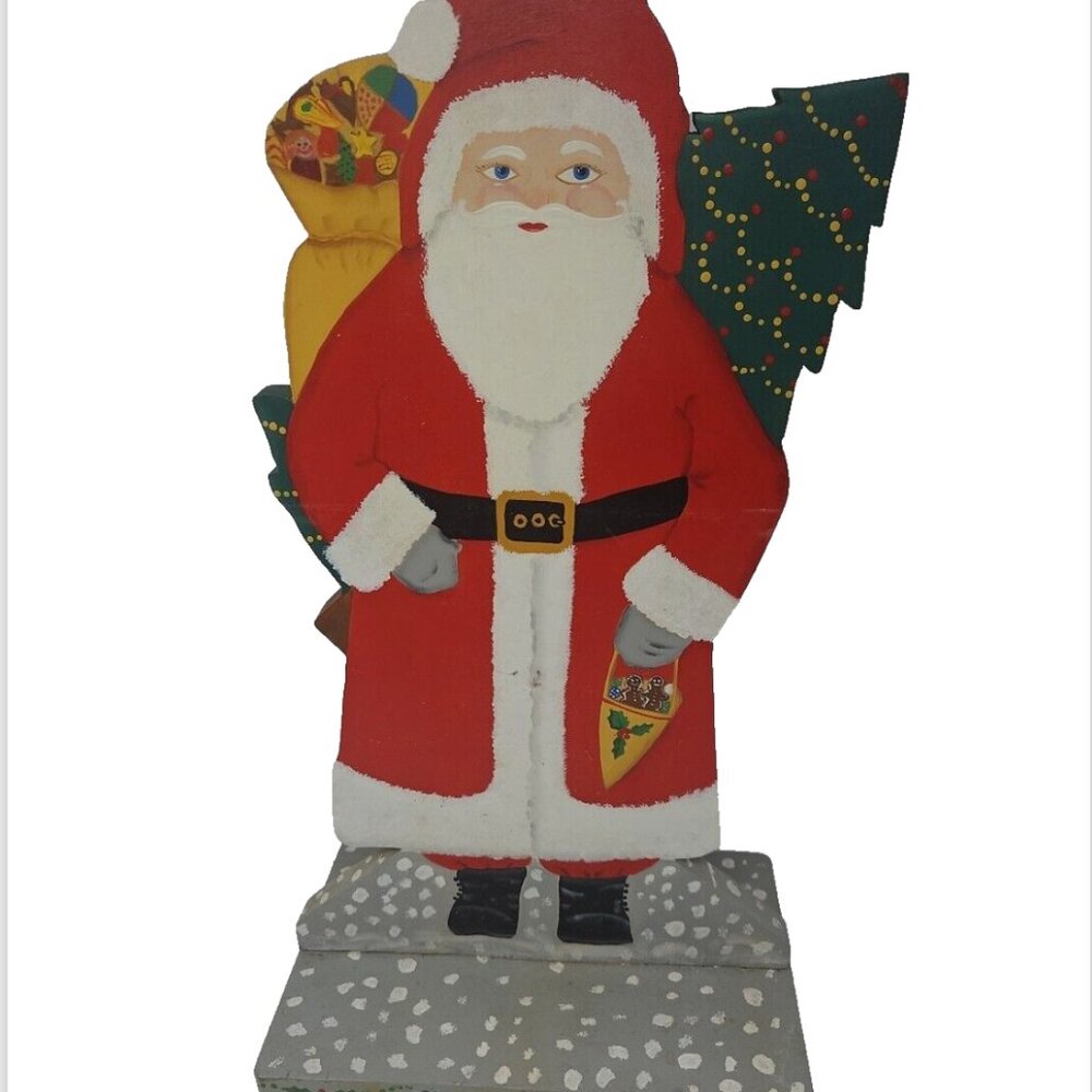 Vintage Folk Art Tole Hand Painted Wood Santa Claus Christmas Decor 2 Sided 20"